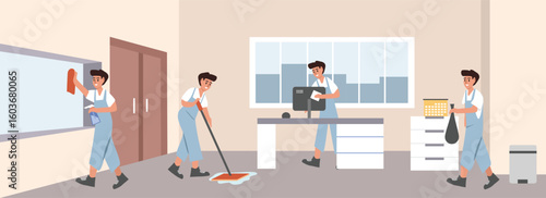 Office cleaning. Office janitor job. Cleaning service uniform. Cleaning service activities. Set of people cleaning room. Corporate housekeeper.
