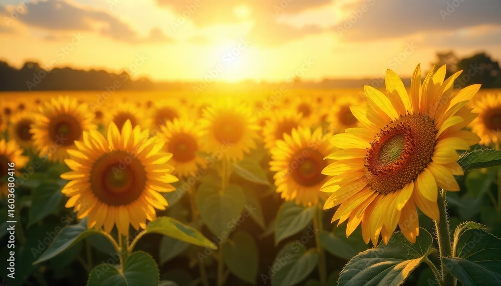 Fototapeta premium Dazzling Golden Sunflowers A Sun-Drenched Field Extending to the Horizon