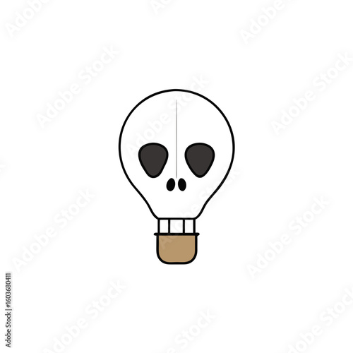 Skull shaped hot air balloon flying against a white background