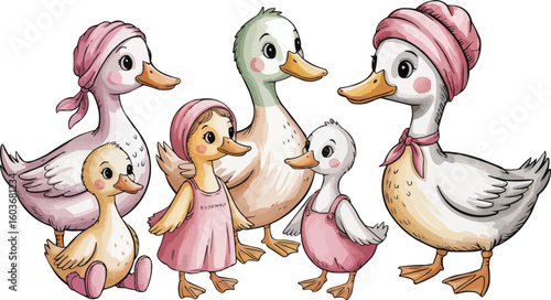 Watercolor Illustration Adorable Duck Family with Pink Bonnets and Clothes, Cute Ducks, Illustration