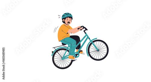 Scared child learning to ride a bicycle, fear of falling, struggling to balance