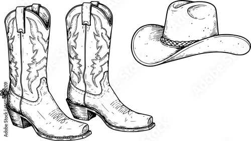 Cowboy boots and western hat. Vector graphic hand drawn illustration rodeo cowboy clothes isolated on white for print or design
