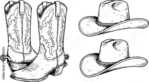 Cowboy boots and western hat. Vector graphic hand drawn illustration rodeo cowboy clothes isolated on white for print or design

