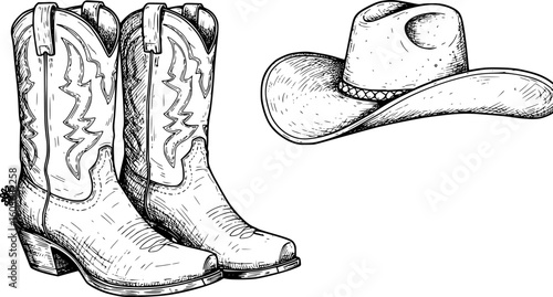 Cowboy boots and western hat. Vector graphic hand drawn illustration rodeo cowboy clothes isolated on white for print or design
