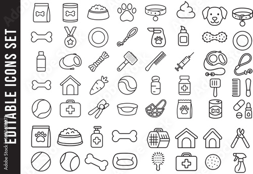 An Editable Set of Black and White Line Art Icons for Dog and Pet Care Supplies