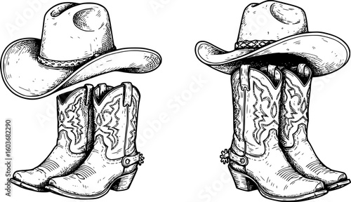 Cowboy boots and western hat. Vector graphic hand drawn illustration rodeo cowboy clothes isolated on white for print or design
