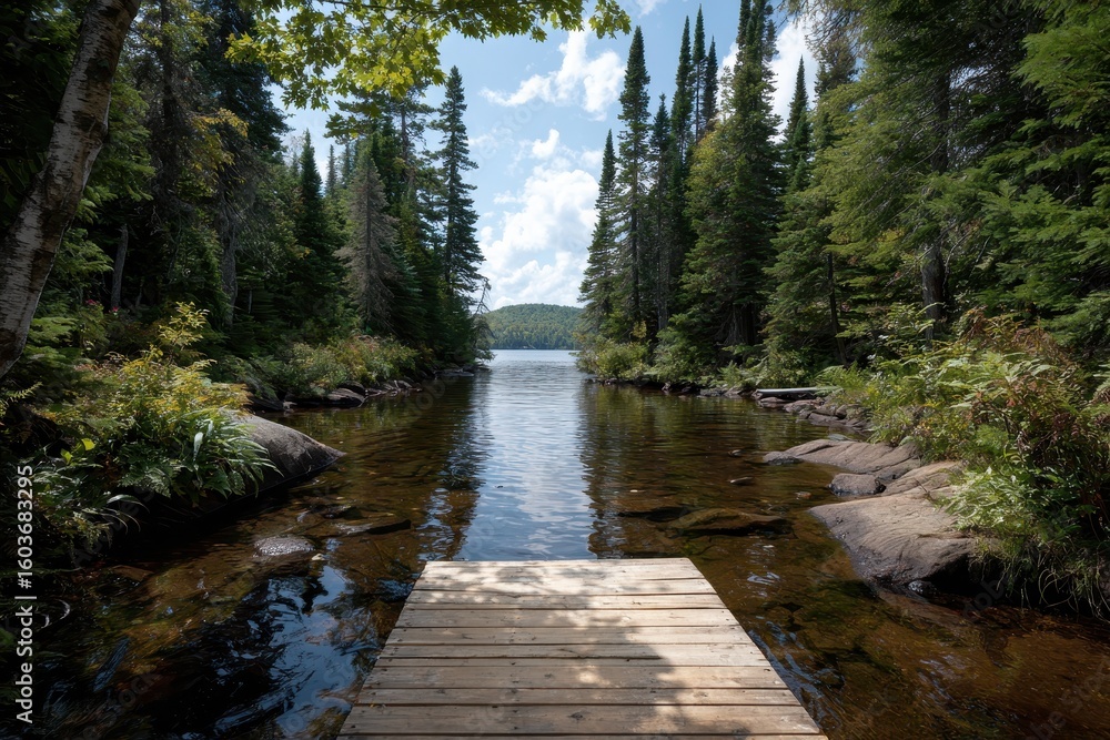 Obraz premium Tranquil lake dock nestled in forest