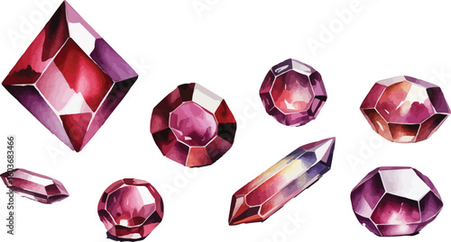 Watercolor Illustration of Seven Red and Purple Crystals with Various Shapes and Facets