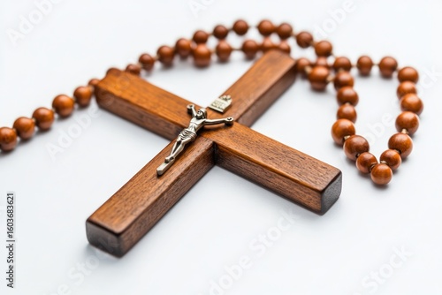 Wooden christian cross with jesus christ crucifix and rosary beads