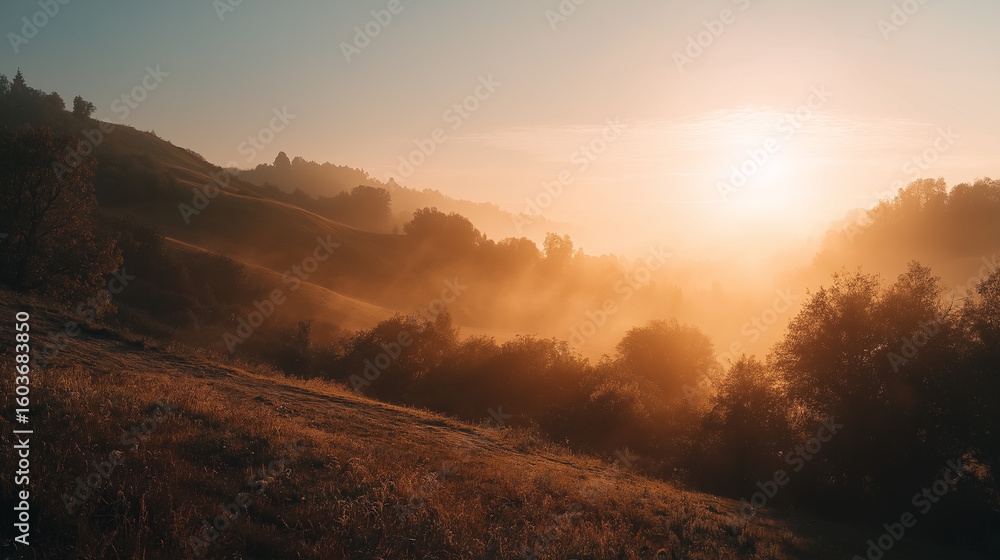 Obraz premium Happy Wednesday. Golden Sunrise Foggy Landscape in Rolling Hills Scenery Background