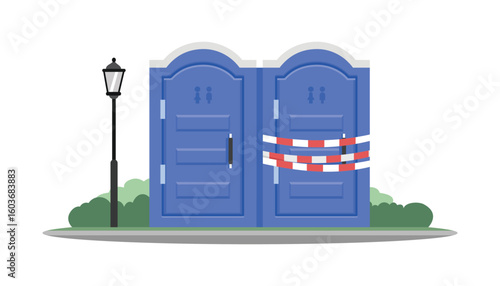 Mobile water closet. Portable toilet. Unisex toilet. Public facilities. Temporarily closed park toilet. Public restroom. Under construction toilet. 
