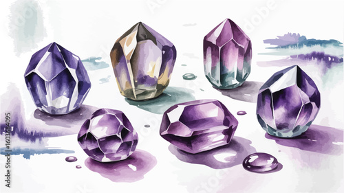 Watercolor Illustration Purple Amethyst Crystals with Light and Shadow Effects on a White Background