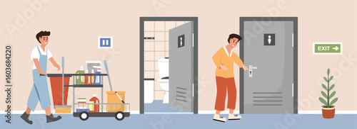Cleaning service illustration. Housekeeper. Cartoon character. Janitors.  Public toilet. Toilet maintenance. Mall toilet. Sanitary facilities.