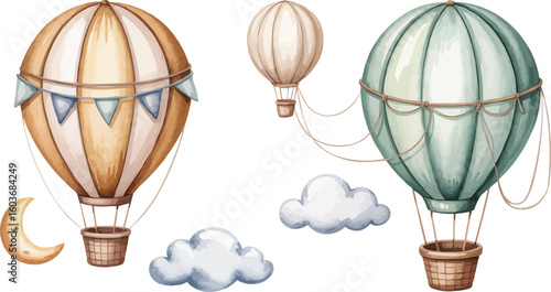 Watercolor Illustration Three Hot Air Balloons, Clouds, and Crescent Moon on White Background