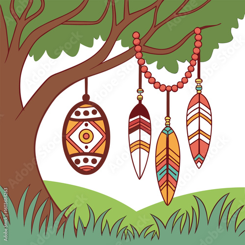 Bohemian Embellishments: Artistic illustration featuring a tree adorned with intricate bohemian embellishments, exuding cultural artistry, decorative charm, and artistic beauty.