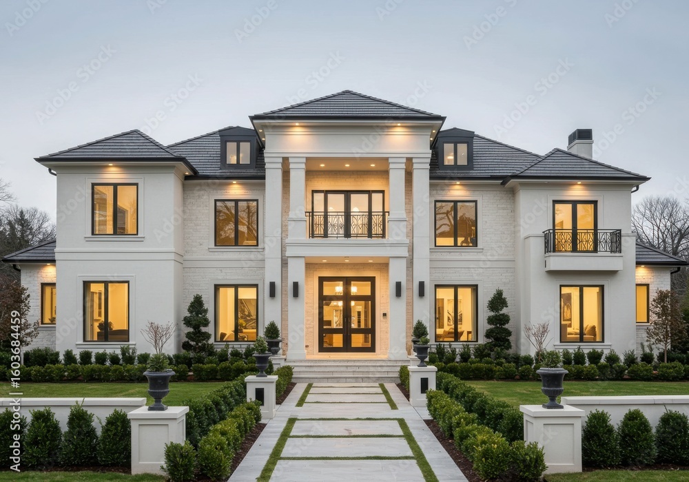 Fototapeta premium Luxurious modern mansion with grand entrance and landscaped gardens