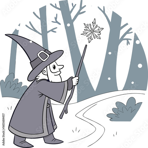 Wizard's Enchantment: A whimsical wizard, adorned in a pointed hat and flowing robe, casts a spell upon a delicate snowflake, infusing it with magic.