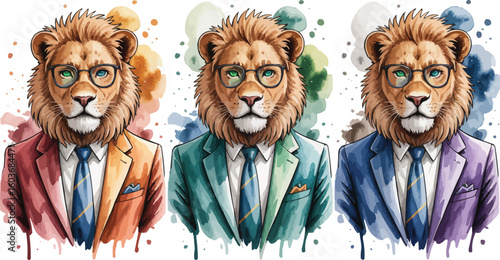 Watercolor Lions in Suits and Glasses Red, Green, and Blue Stylish Anthropomorphic Animal Art