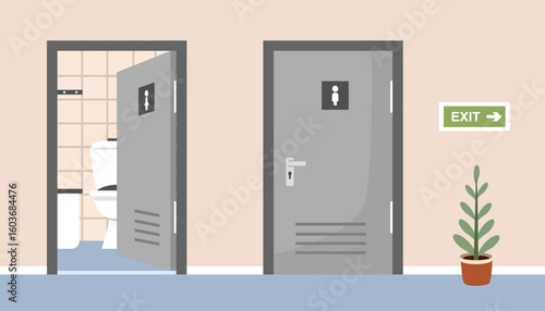 Open door toilet. Public toilet design. Man and woman toilet. Public restroom. Sanitary facilities. Lavatory.