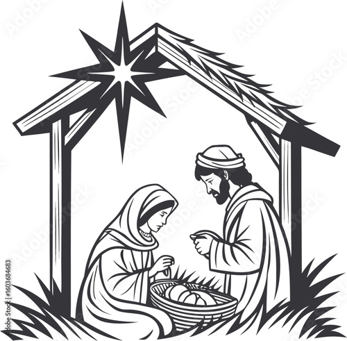 Christmas Nativity Scene: A classic depiction of the Nativity, portraying the holy family in a modest stable, under a bright star. The scene emanates a sense of peace and the story of the season.