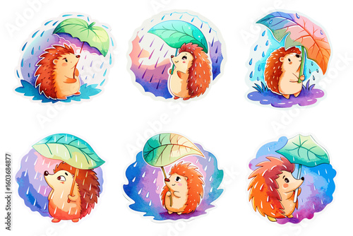 Cute cartoon hedgehogs with leaves and rainbows in playful poses