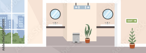 Apartment toilet. Hotel toilet. Mall restroom. Wash stand. Washing hand. Mirror and washbasin. Office restroom. Clean restroom.