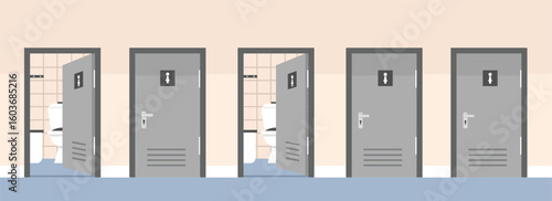 Public toilet architecture. Restroom facade. Toilet front door. Mall restroom. School toilet. Locked restroom. Cubicle toilet.