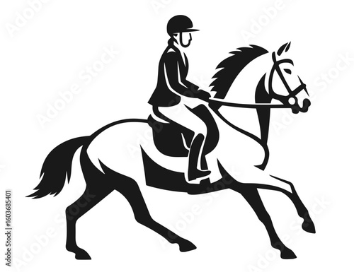 Equestrian rider cantering on horse in black and white silhouette illustration