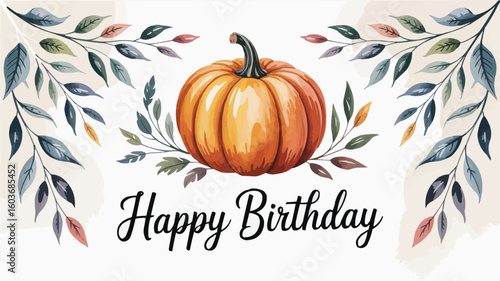 Watercolor Pumpkin and Autumn Leaves Happy Birthday Card with Script Text for Fall Birthdays