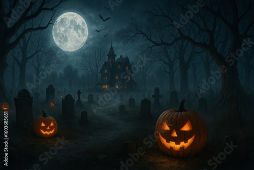 halloween background with pumpkin and bats
