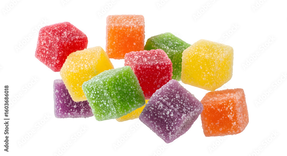 Close up of a pile of colorful sugar coated cube shaped gummy candies on black background ai generative, transparent background, white background. Close up of a pile of colorful sugar coated cube shaped gummy candies on black background ai generative, transparent background, white background.