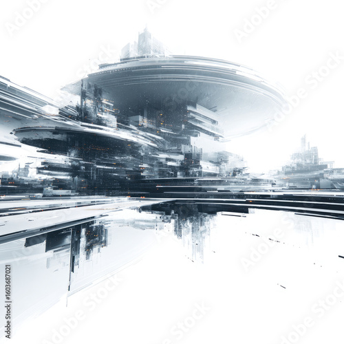 Futuristic, ethereal spaceship city reflected on a surface