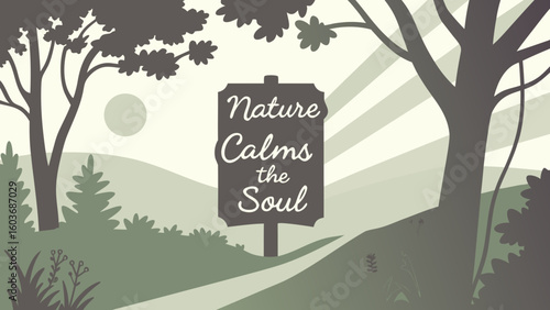 Nature calms the soul sign in a serene landscape
