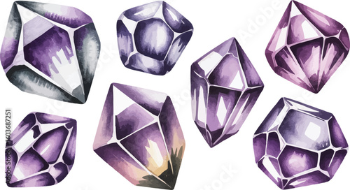 Watercolor Style Illustration of Purple Amethyst Crystals and Gemstones on White Background