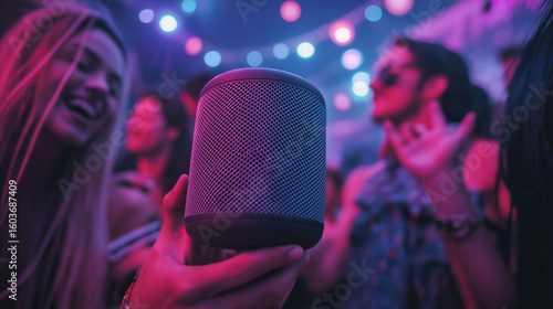 Holding Speaker at Party with People Dancing and Colorful Lights