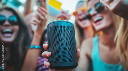 Person Holding Portable Speaker at Outdoor Gathering with People Laughing