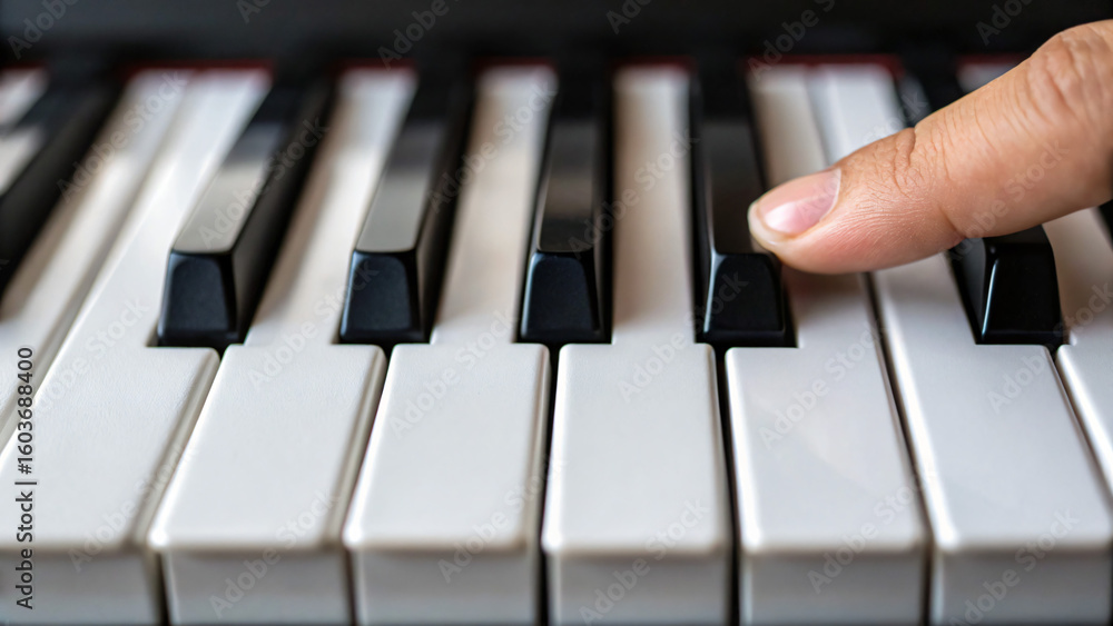 Fototapeta premium Close-Up of a Finger Pressing a Piano Key on a Musical Instrument Keyboard