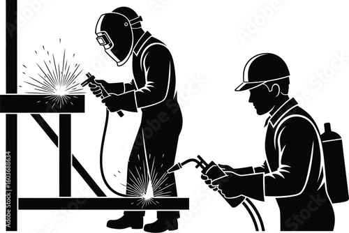 Vector art of two workers welding metal with protective gear sparks flying and one holding an oxygen tank in a black and vector illustration