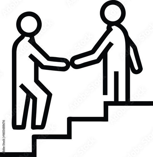Two business professionals shaking hands on a landing symbolizing agreement and partnership