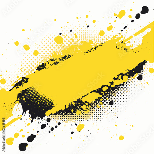 Yellow and black colored grunge punk texture background with halftone overlay, paint drops and splashes. 