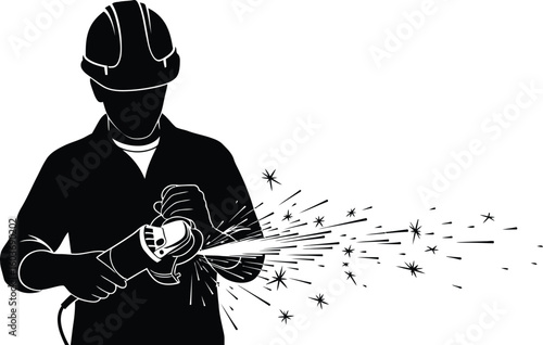 Vector art of a silhouette of a construction worker using a grinder with sparks flying wearing a hard hat