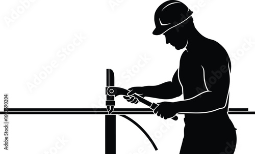 Vector art of a silhouette of a construction worker using a pipe cutter metal pipes wearing a hard hat
