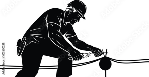 Vector art of a silhouette of an electrician working electrical wires with pliers wearing a hard hat and tool belt