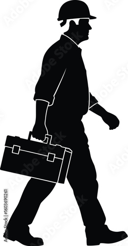 Vector art of a silhouette of a construction worker walking with a toolbox wearing a hard hat