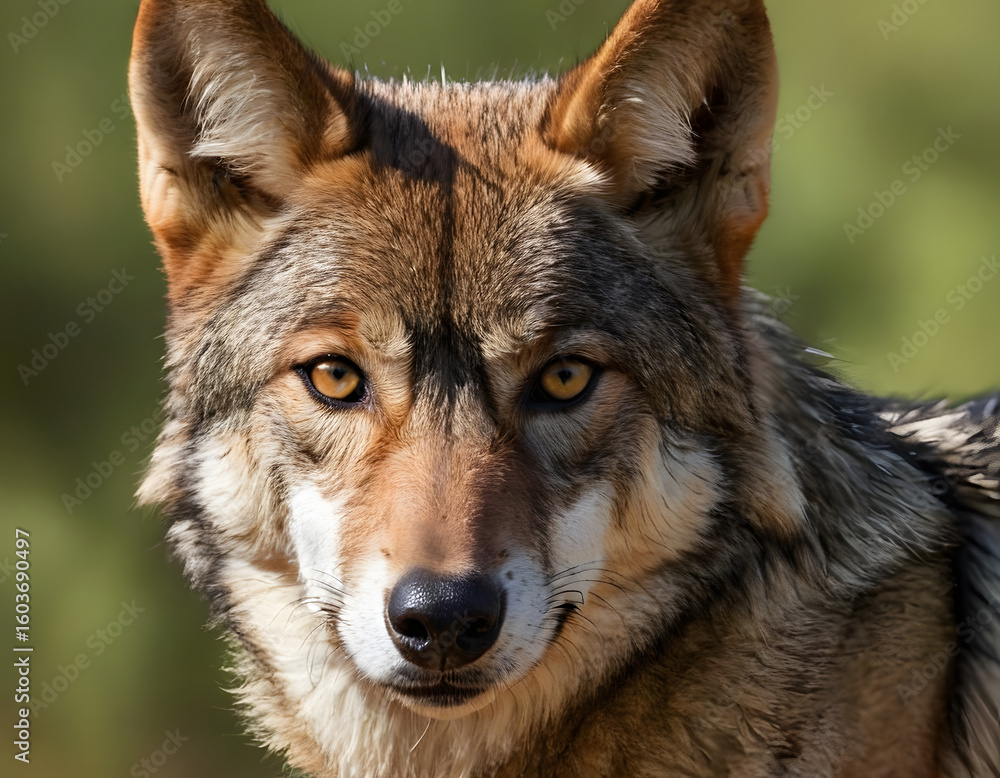 Obraz premium Generative AI illustration of an Iberian wolf of Spain. A European wolf with hazel eyes is looking at the camera. A natural background with text space.