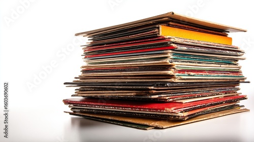 Stack of Vintage Records/Albums Piled High Indoors on Shiny White Surface/Table