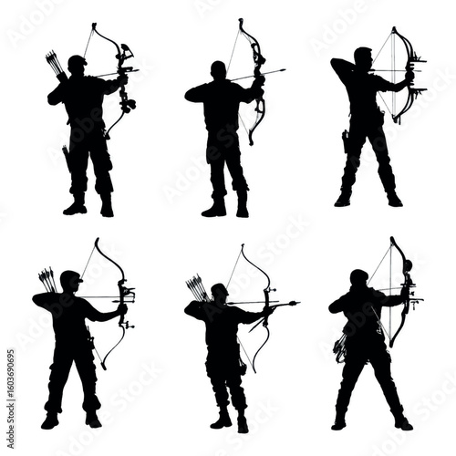 vector illustration of compound bow hunter silhouette set, Black & White silhouette set