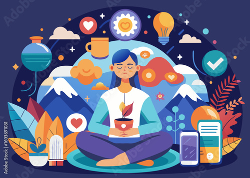 Person meditating with a plant and surrounded by symbols of ideas and well being