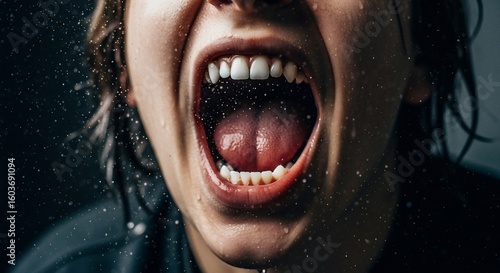 A dramatic close-up of a person screaming with their mouth wide open as water splashes around them.