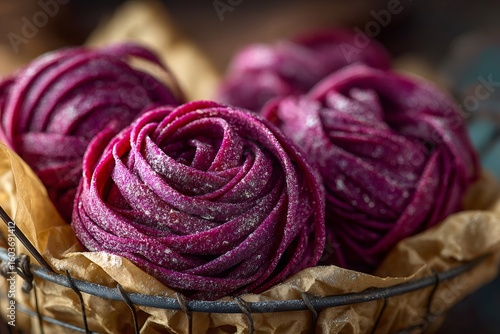 Wallpaper Mural Beetroot pasta nests resting in metal basket with parchment paper Torontodigital.ca